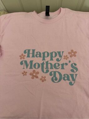 Hand Crafted Pink 'Happy Mother's Day' Graphic Tee with Teal & Peach Print